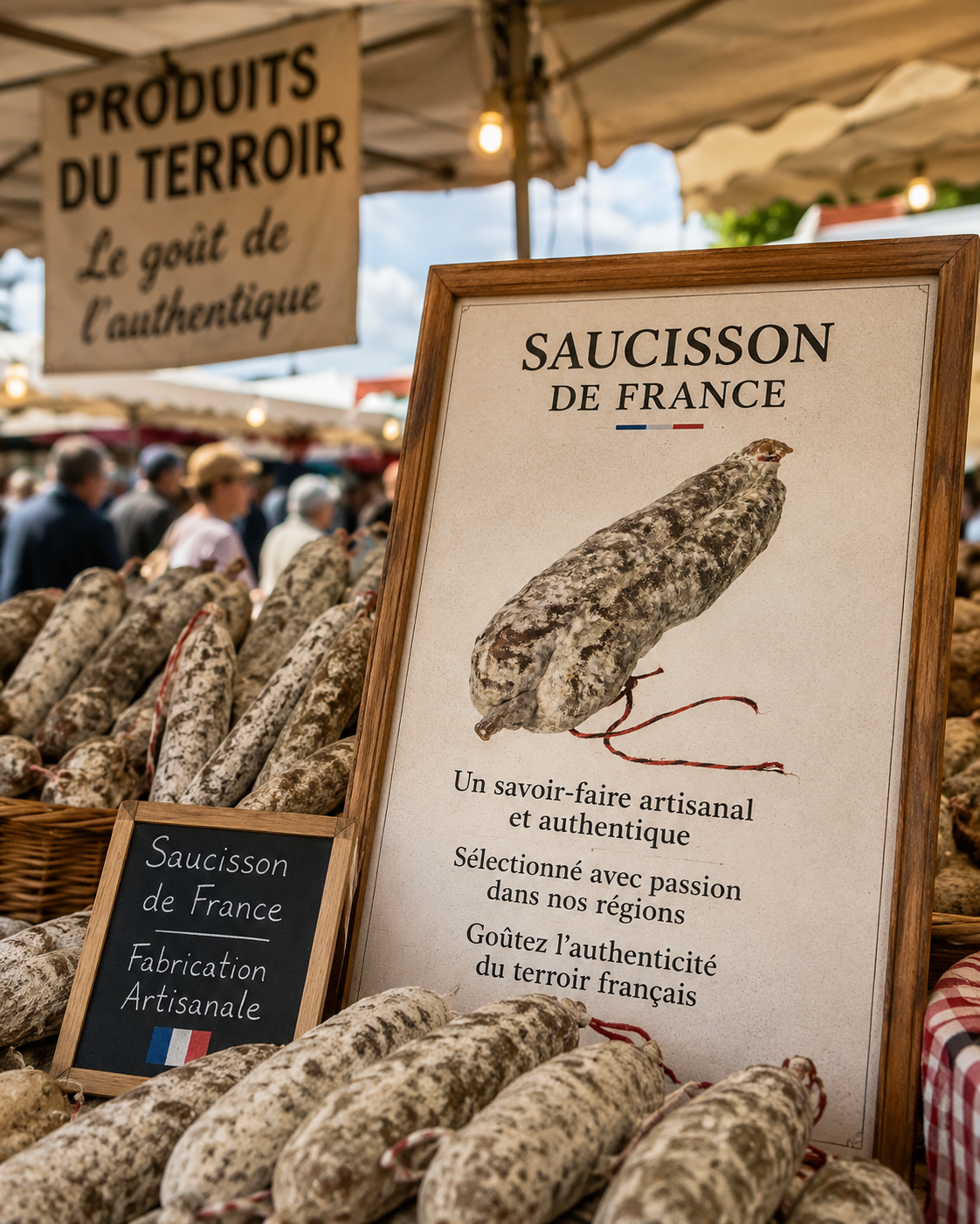 Étale de vente de saucissons avec trois panneaux : produits du terroir, le goût de l'authentique ; Saucisson de France, fabrication artisanale ; Saucisson de France, un savoir-faire artisanal et authentique, sélectionné avec passion dans nos régions, goûtez l'authenticité du terroir français.